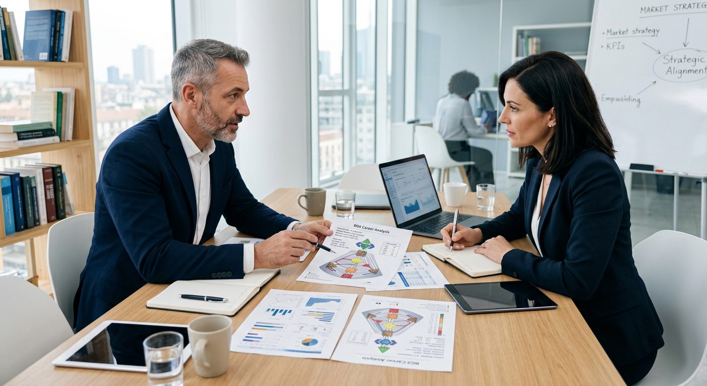 Due professionisti analizzano la propria carta Human Design (Success Code BG5) prima di firmare un accordo di partnership aziendale